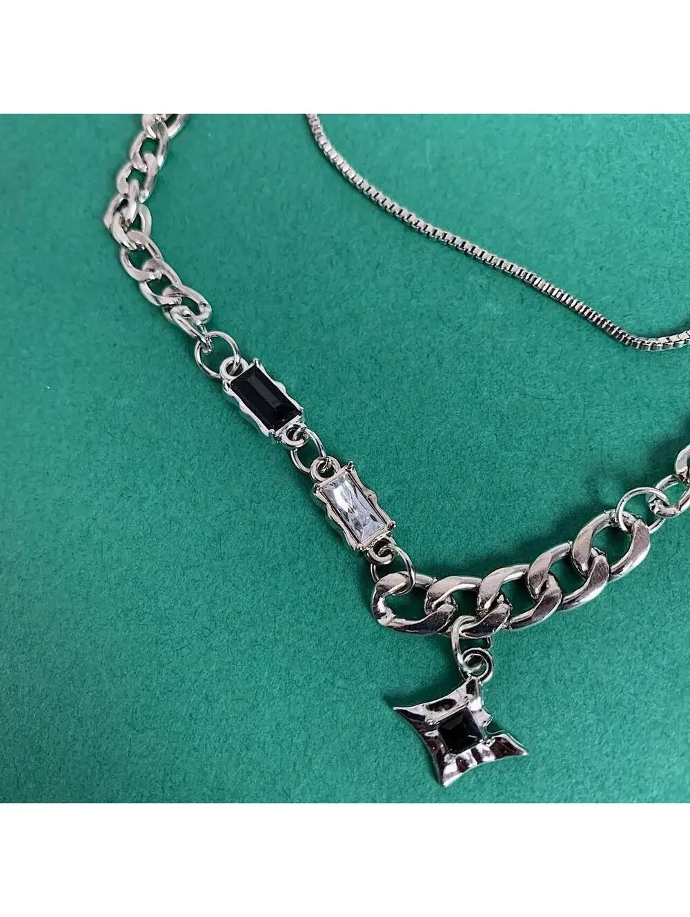Y2k grunge cyber silver black opal star pendant Cuban link layered chain necklac